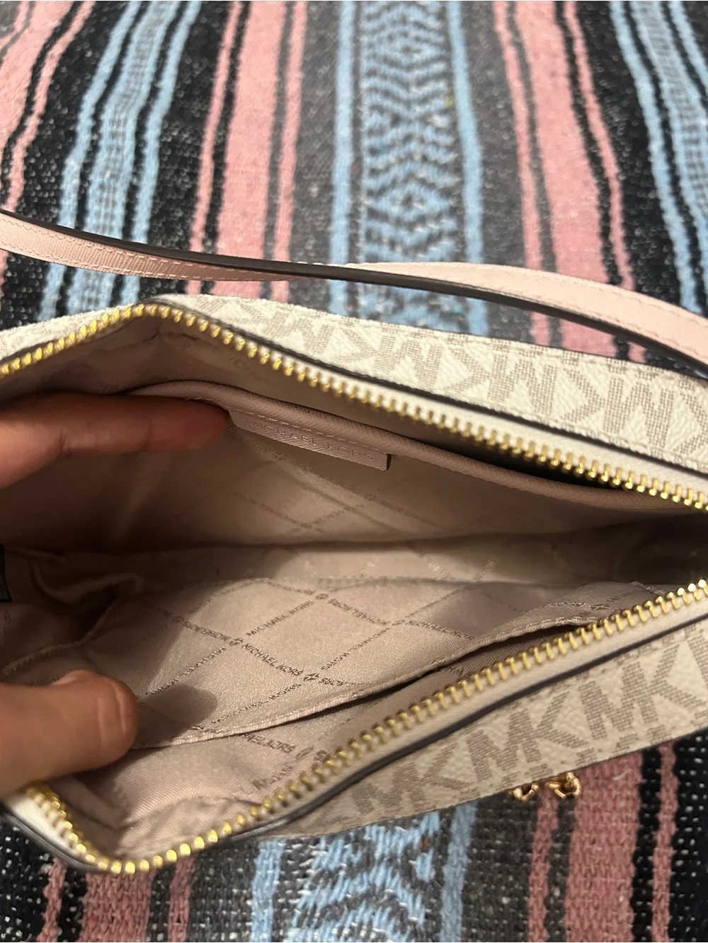 Michael Kors Pink and Vanilla MK Logo Crossbody with Gold Chain